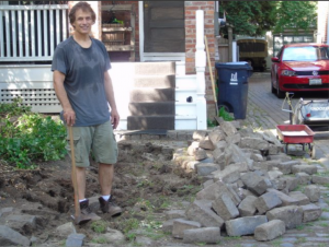 The work begins - removing parking pad cobbles, July 25, 2018 